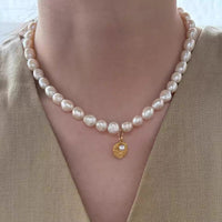 Silver-plated 18K gold small gold coin pearl necklace | Vintage high-end natural freshwater pearl short necklace