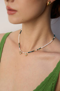 S925 silver retro design sense natural pearl malachite pine stone necklace