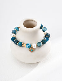 S925 Silver Vintage Natural Pearl Blue Copper Ore Pine Stone Bracelet